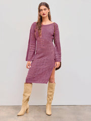 Knit Boat Neck Solid Hollow Out Split Midi Dress