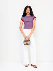 Boat Neck Stripe Contrasting Binding Short Sleeve Tee