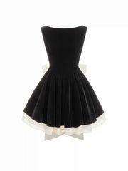 Velvet Boat Neck Ruffle Tie Back Two Tone Patched Backless Mini Babydoll Dress