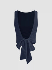 Linen-blend Boat Neck Solid Knotted Backless Tank Top