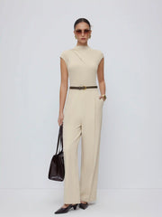 High Neck Draped Mid Rise Wide Leg Jumpsuit With Belt