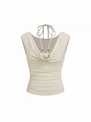 Halter Neck Drawstring Ruched Cut Out Beaded Detail Crop Tank Top