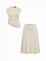 Mock Neck Ruched Asymmetrical Hem Top & Mid Rise A-line Maxi Skirt Set Curve & Plus