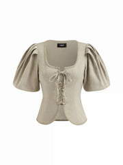 Cotton-blend U-neckline Stripe Tie Front Bow Lantern Sleeve Top & Mid Rise Pleated Mini Skirt Set
