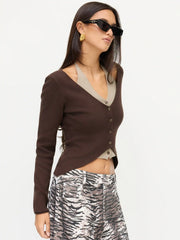 Knit Two Tone Halter Neckline Long Sleeve Button Top