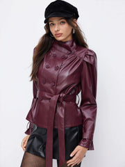 Faux Leather Funnel Neck Long Sleeve Double Breasted Shacket With Belt