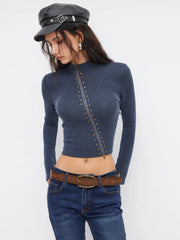 High Neck Striped Asymmetrical Zipper Metal Detail Long Sleeve Top
