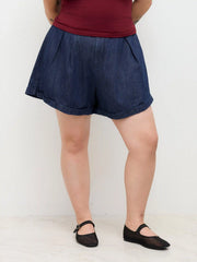 Denim Mid Rise Pleated Shorts Curve & Plus