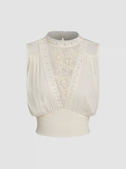 Stand Collar Lace Embroidery Crop Tank Top