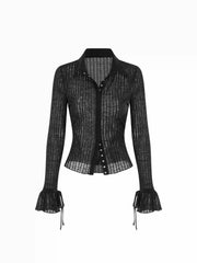 Textured Collar Long Sleeve Ruffle Cuff Top