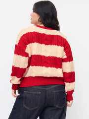 Cable Knit Striped Round Neckline Oversized Sweater Curve & Plus