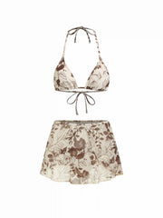 Floral Halter Neckline Tie Side Triangle Bikini Set With Cover Up Skirt