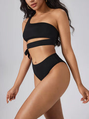 Shaping Rib Solid Bowknot One Shoulder Bikini Set