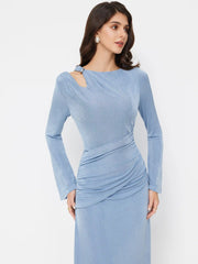 Asymmetrical Neck Ruched Texture Metal Maxi Dress