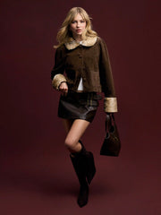 Suede Peter Pan Collar Jacket With Detachable Deer Faux Fur Collar And Cuffs