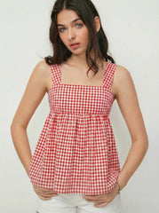 Cotton-blend Gingham Square Neck Bowknot A-line Cami Top