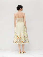 Square Neck Floral Shirred Midi Dress