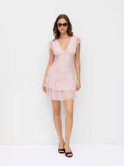 Mesh Polka Dot V-neck Ruched Tiered Short Sleeve Mini Dress
