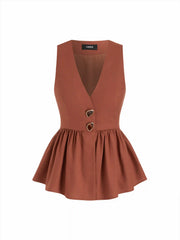 Linen-blend V-neck Ruched Peplum Metal Detail Blazer Vest