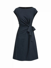 Boat Neck Stripe Knotted Ruched Midi Dress