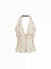 Cotton Floral Graphic Halter Neck Lace Trim Shirred Cami Blouse