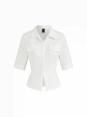 Cotton-blend Collar Button Middle Sleeve Shirt