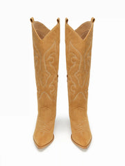 POINTED-TOE EMBROIDERED SUEDE KNEE HIGH BOOTS