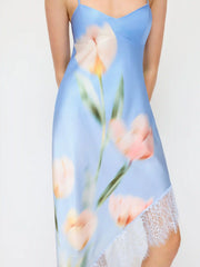 Satin Floral Graphic Lace Trim Asymmetrical Hem A-line Maxi Cami Dress