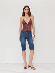 Satin V-neck Floral Knotted Backless Top