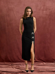 Boat Neck Bowknot Split Zipper Maxi Dress