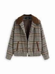 Wool-look Plaid Collar Long Sleeve Colorblock Button Oversized Shacket