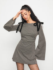 Cotton-blend Boat Neck Gingham Bowknot Ruched Mini Dress