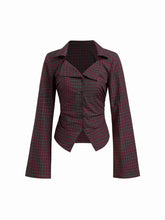 Cotton-blend Collar Tartan Ruched Bell Sleeve Shirt