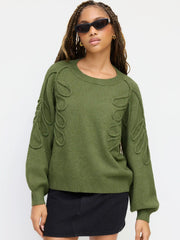 Knit Round Neckline Leaf Braid Oversized Sweater