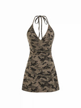Cotton-blend Halter Neckline Camo Ruched Cami Mini Dress