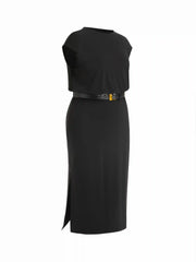 Round Neckline Split Straight Maxi Dress With Belt Curve & Plus