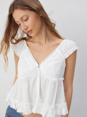 Cotton-blend V-neck Broderie Anglaise Ruffle Hem Blouse