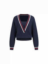 Knit V-neck Long Sleeve Striped Trim Oversized Top