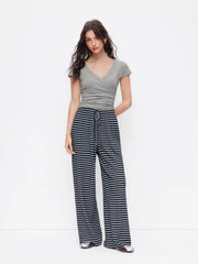 V-Neck Striped Top & Mid Rise Drawstring Wide Leg Trousers Set