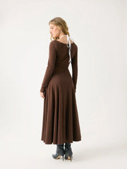 Cotton-blend Cowl Neck Colorblock Ruched Flared Maxi Dress