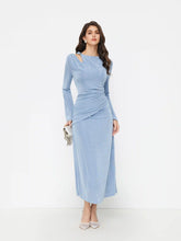 Asymmetrical Neck Ruched Texture Metal Maxi Dress