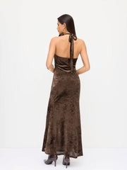 Velvet Halter Neckline Metal Detail Maxi Dress