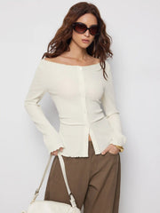 Boat Neck Lettuce Trim Button Knotted Long Sleeve Top