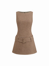 Boat Neck Houndstooth Belted Mini Dress