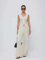 Textured V-neck Vest & Mid Rise Drawstring Wide Leg Trousers Set
