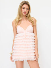 Lace V-neck Sleeveless Ruffled Layered Mini Dress