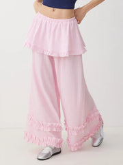 Gingham Mid Rise Ruffled Peplum Lettuce Trim Oversized Wide Leg Trousers