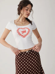 Cotton-blend Square Neck Animal Graphic Lace Trim Short Sleeve Tee