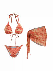 V-neck Floral Leopard Halter Cheeky Bikini Set With Sarong