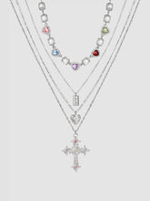 4PCS RHINESTONE DECOR CROSS & HEART & SQUARE PENDANT & HEART RHINESTONE & FAUX PEARL NECKLACE SET
